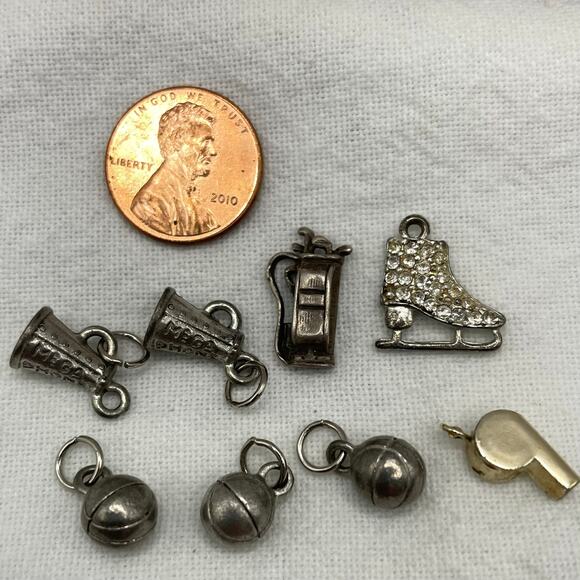 Set of 8 Sports Related Charms Skating Golf Basketball Cheer Jewelry Maker Craft - Picture 1 of 7